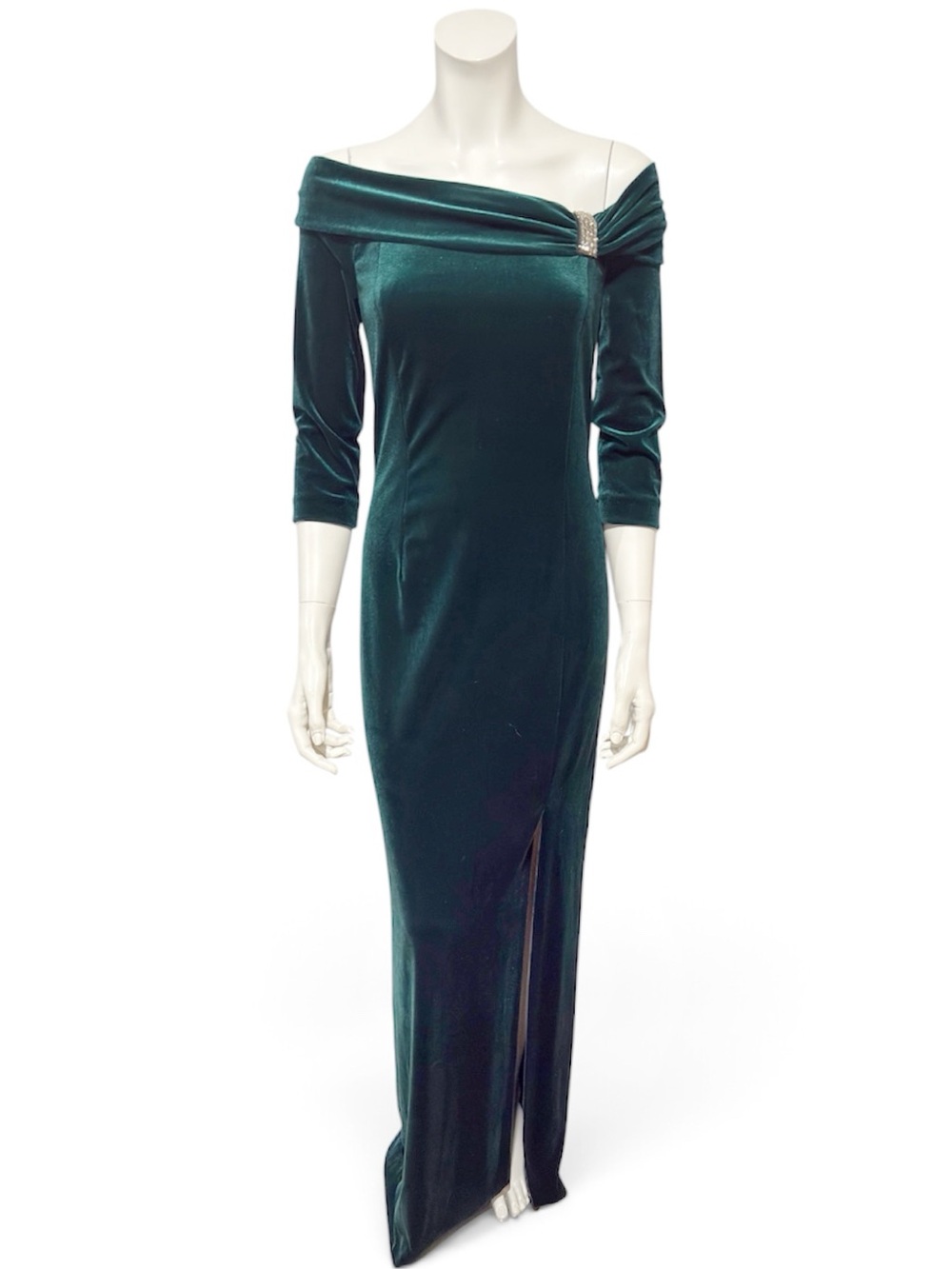 Teri Jon Emerald Green Velvet Dress Gown Rhinestones 3/4 Sleeves NWT